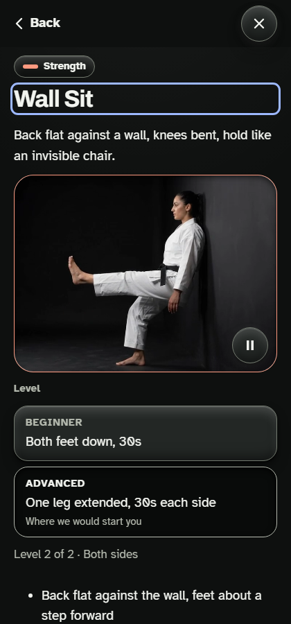 The Ankay app on a phone, showing the Wall Sit challenge with its demo video and level choices
